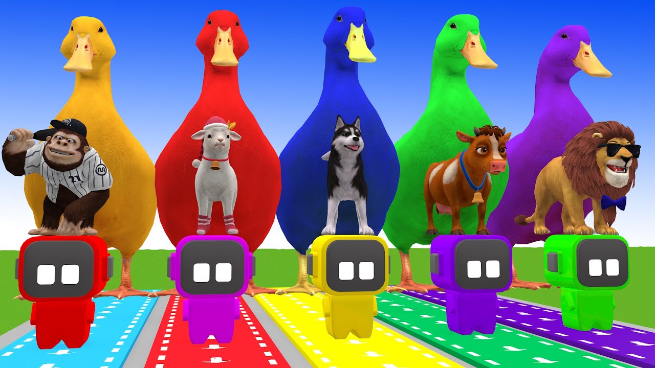 5 Giant Duck Cartoon,Lion,Mammoth,Dinosaur,Husky Paint Wild Animals Crossing Fountain Animation