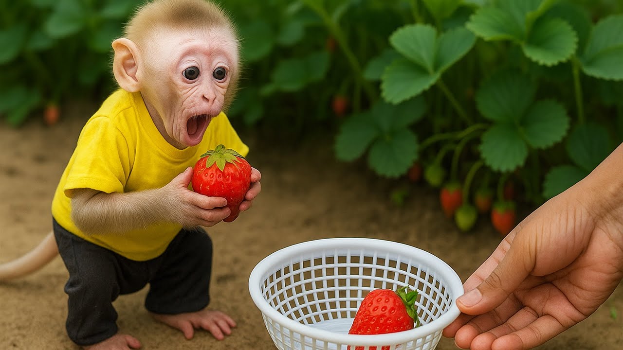Monkey LiLy harvests strawberries with dad and makes super tasty smoothies at home | LILY MONKEY TDC