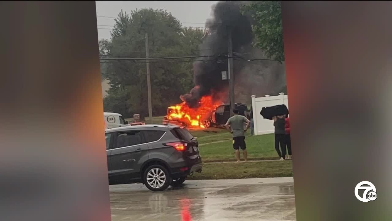 Four hospitalized after crash, car fire in Sterling Heights