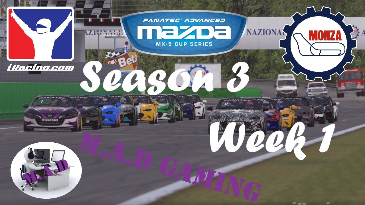 Mazda MX5 at Monza for season 3 week 1 iRacing Fanatec Advanced Mazda MX-5 Cup Series