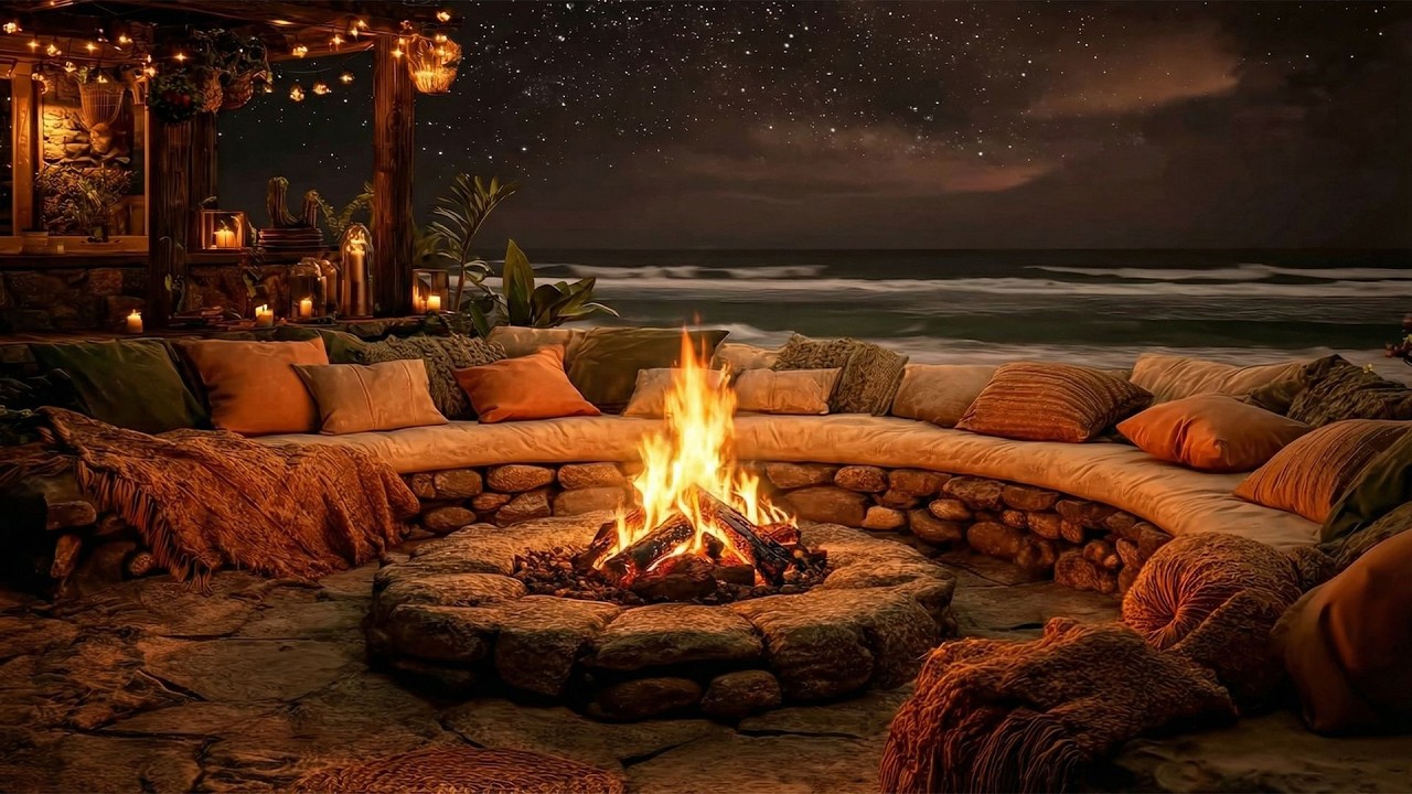 Cozy Beach Campfire 🌊🔥 Ocean Waves & Crackling Fire Sounds for Deep Sleep