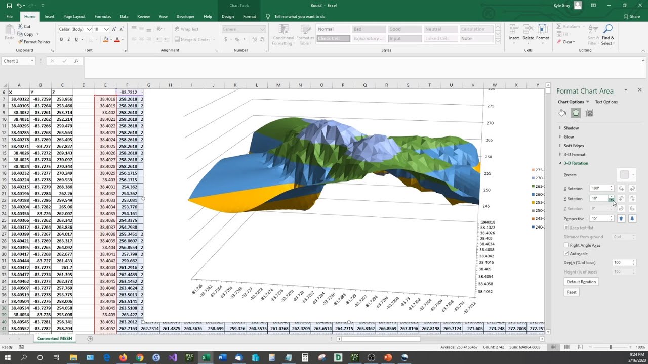 X Y Z Into 3d Surface Graph In Microsoft Excel With Xyz Mesh V4 Youtube