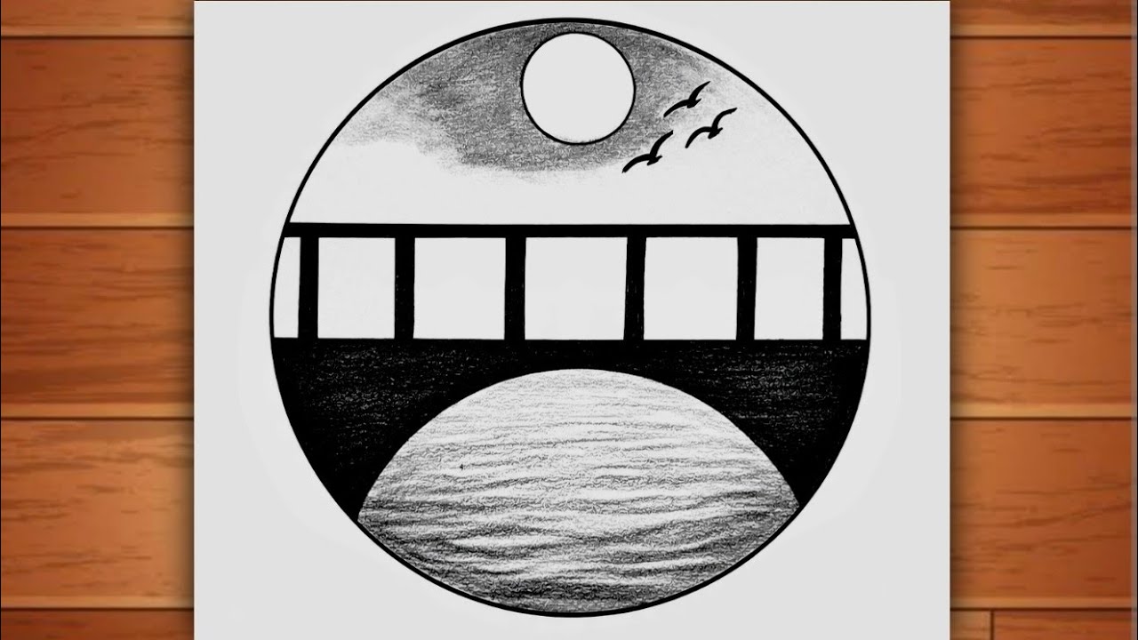 Circle Scenery Drawing | Pencil Shading Bridge & River Art | Easy Beautiful nature Drawing | Trend