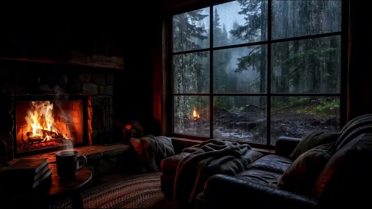 Rainy Evening in a Forest Cabin 🌧️🔥 Cozy Fireplace Ambience for Deep Sleep & Relaxation (8 Hours)