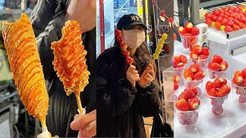 Thế giới ẩm thực đường phố đa sắc màu ở phố đi bộ Myeongdong 🍓🌭🍡