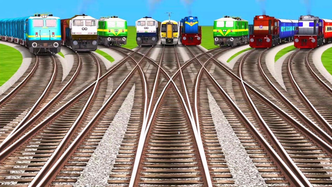  SIMULATOR NINE TRAINS CROSSING IN FORKED BUMPY RAILRAOD TRACK INDIANS TRAINS 