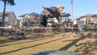 スラックライン 135日目（トリックライン ドロップニ―キャッチ チェストバウンス バットバウンス）slack line　butt chest bounce　drop knee catch