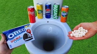 Experiment !! OREO eruption from hole, Coca Cola, Sprite, Pepsi, Fanta, Fuse Tea vs Mentos