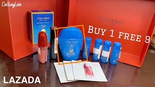 ASMR LAZADA Haul BUY 1 GET 9 | Unboxing Shiseido UV SPF 50 Water Resistant