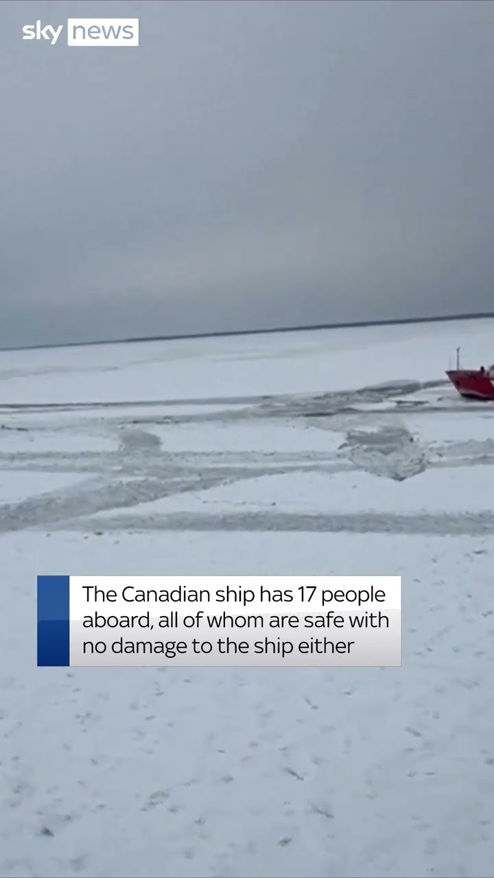 Cargo ship trapped in frozen lake