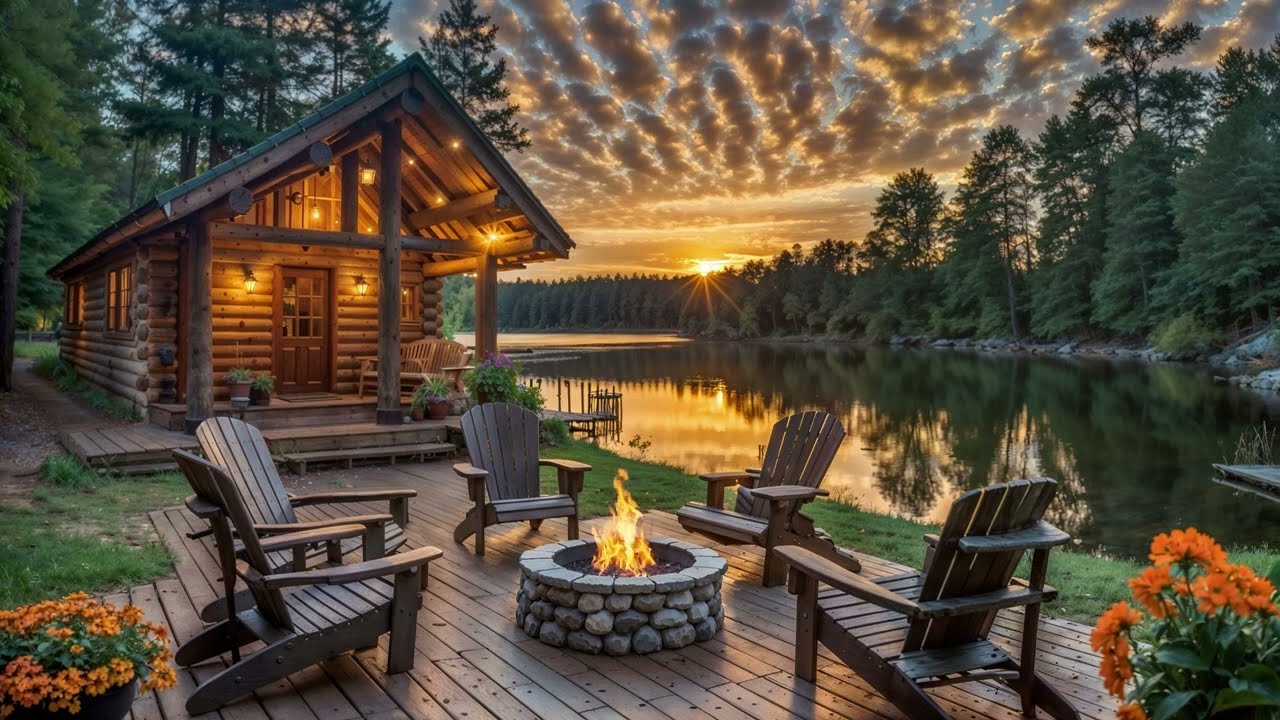 Relaxing Cabin Sunset with Crackling Fire | Peaceful Birds, water Sound & Nature Ambience"