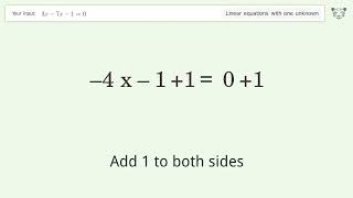 Linear equation with one unknown: Solve 3x-7x-1=0 step-by-step solution