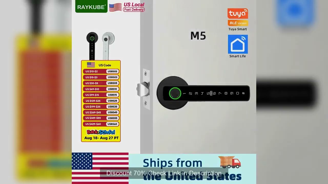 RAYKUBE US Free Delivery Tuya BLE Smart Fingerprint Door Lock Electronic Lock with Password/Key/Card