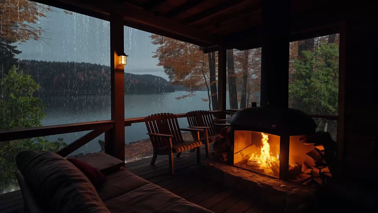 Cabin Porch in the Rain by the Lake | Fireplace & Relaxing Rain ...