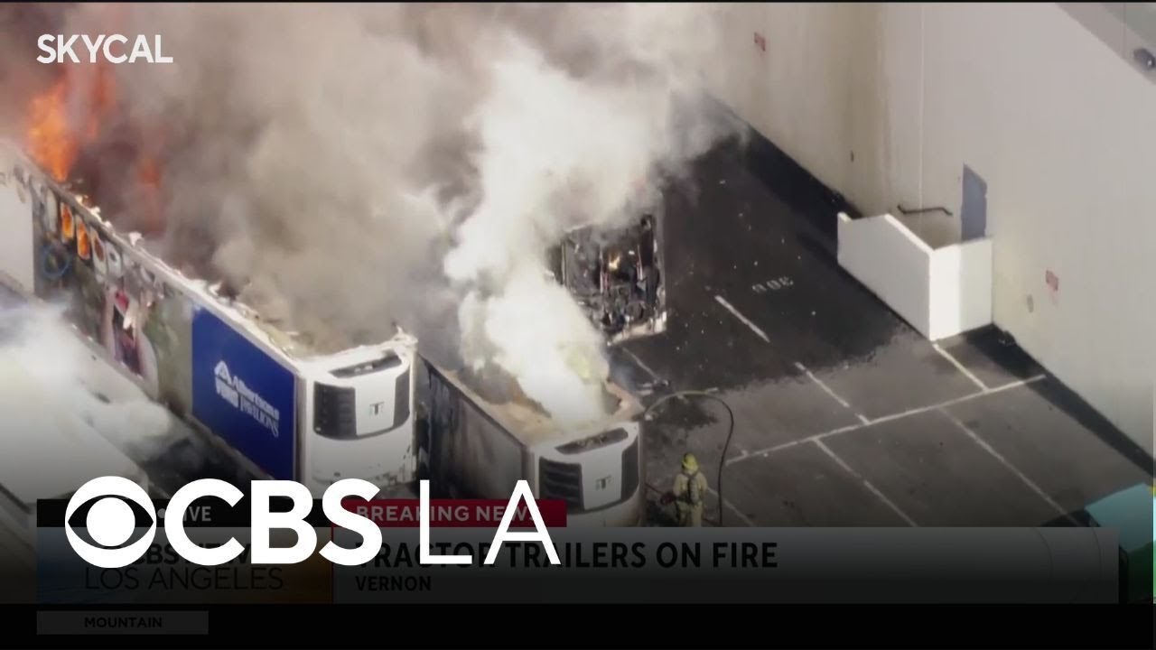 Crews battle flames as 3 tractor trailers burn in Vernon - YouTube