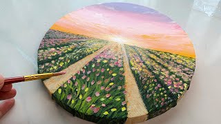EASY Tulip Field painting with Pastel Sunset Sky 😍 / Acrylic Flower Field Painting for Beginners screenshot 2