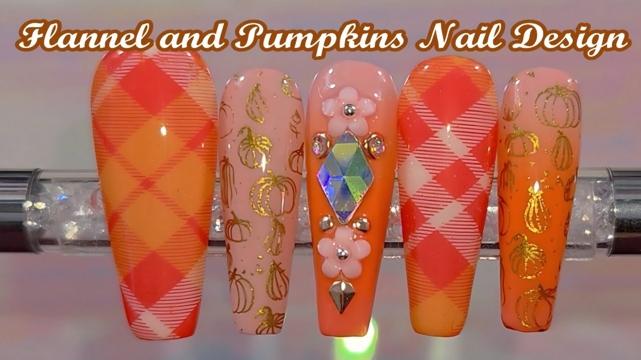 Flannel & Pumpkins Nail Design | Orange Fall Nails | Ombre Nails | DIY Nail Art on Press On Nails