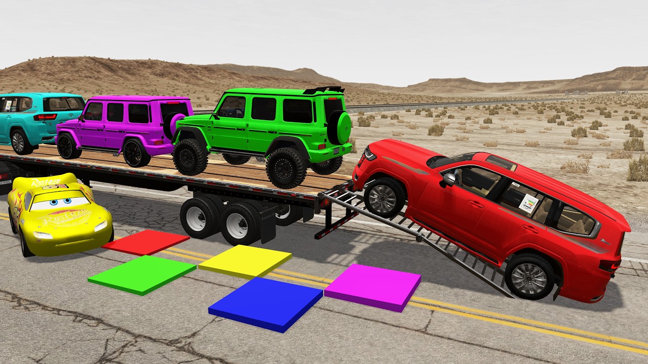 Five Flatbed Trailer McQueen Transportation with Truck - Speedbumps vs Cars vs Train - BeamNG #26
