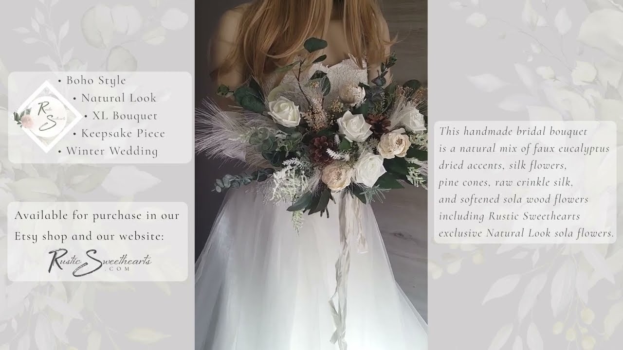 Winter Boho Wedding Flowers | XL Bridal Bouquet in Ivory, Soft Sola Wood and Faux Silk Floral