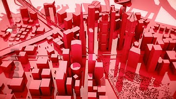 Abstract animation of a camera moving around the red city buildings Looping