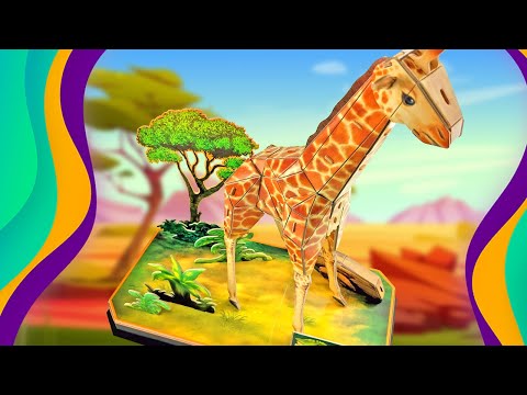 Playing with 3D Puzzle Giraffe, trees, bushes, grass