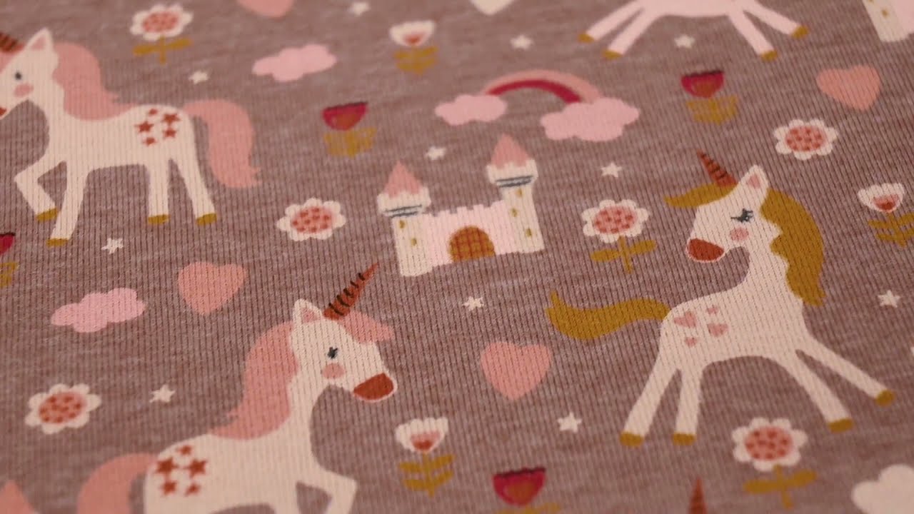 Baumwolljersey Jersey Einhorn Schloss Regenbogen taupe rosa beige meliert 1,45m Breite