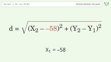 Find the distance between two points p1 (-58,-4) and p2 (-92,36): Step-by-Step Video Solution
