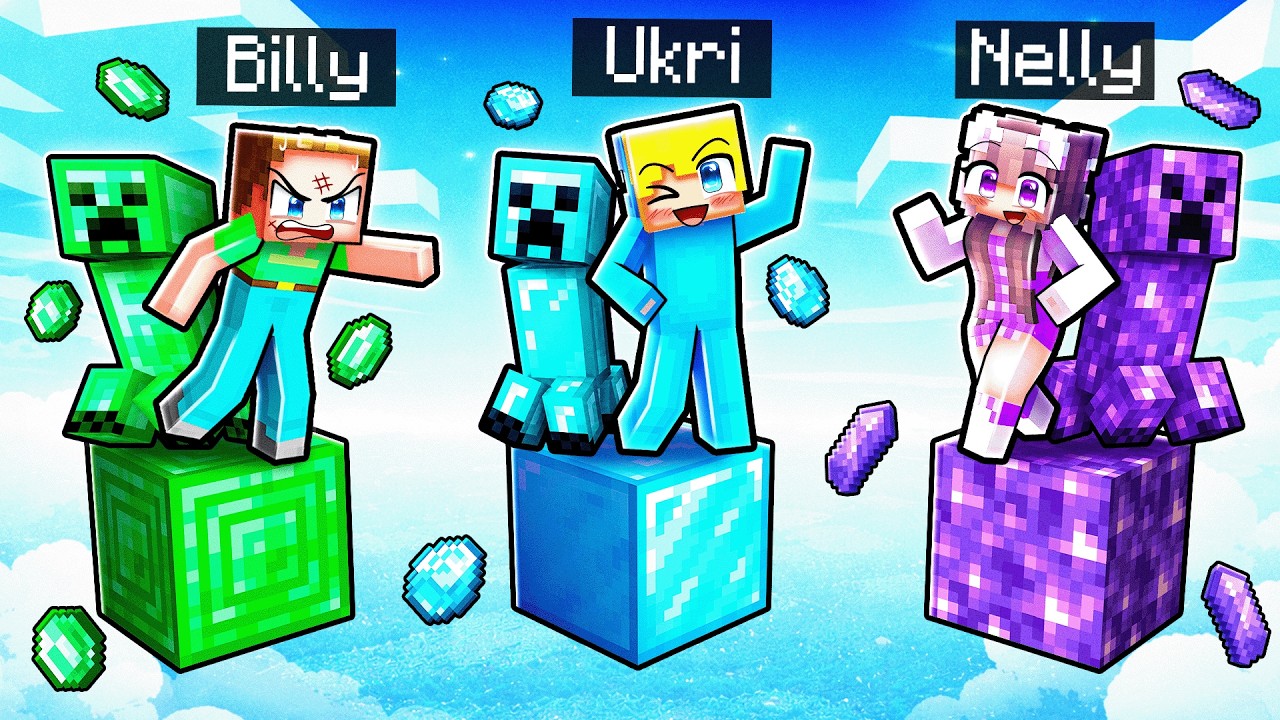 Ukri vs Billy vs Nelly ONE BLOCK CREEPER BATTLE in Minecraft!