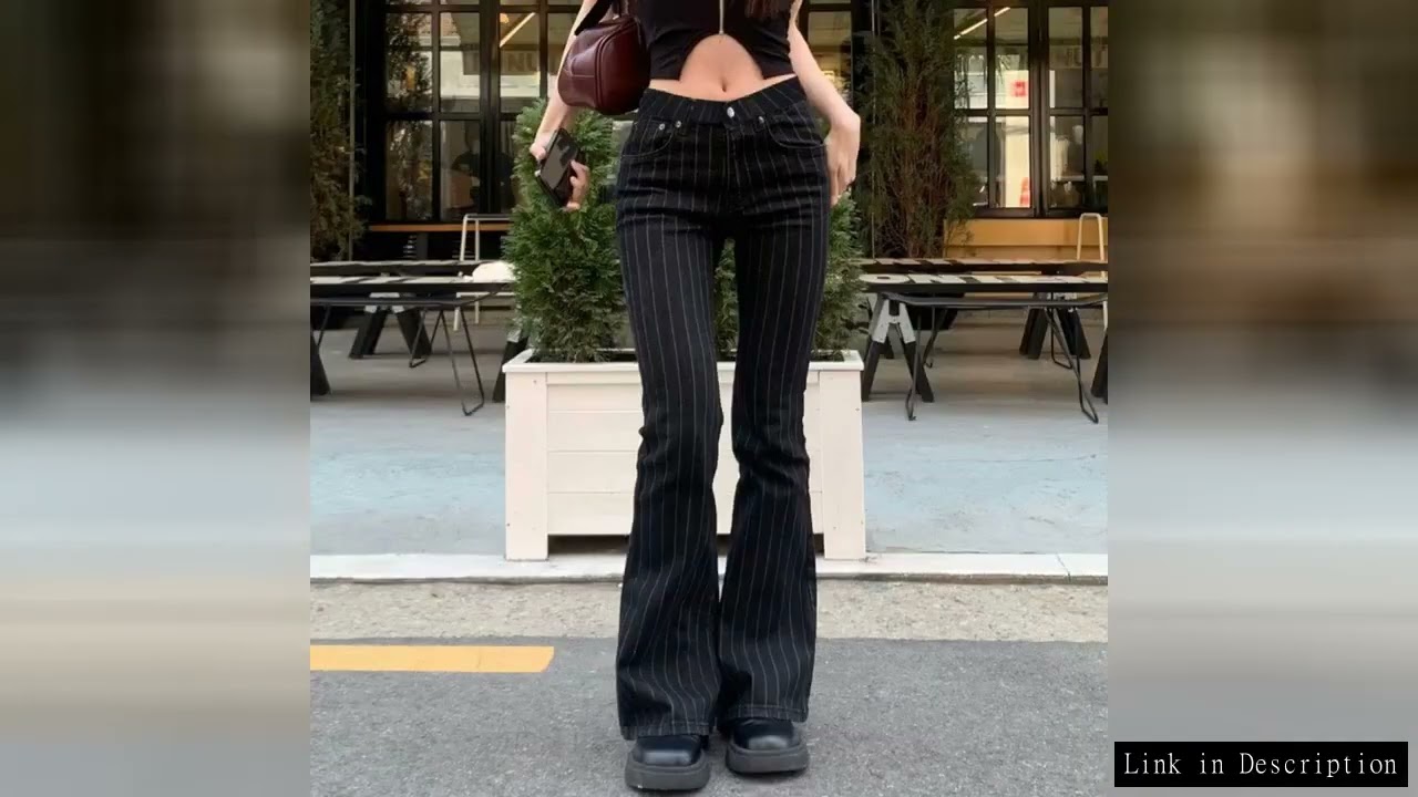 2000s Clothes Y2k Low Rise Boot Cut Jeans Woman Casual Black Striped Denim Trousers Streetwear Flare