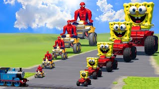 Big & Small Spiderman on a Quad Bike vs Big & Small SpongeBob on a Quad Bike vs Train | BeamNG.Drive