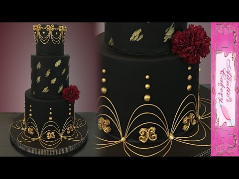 Gold & Black Wedding Cake - with Lambeth type piping.