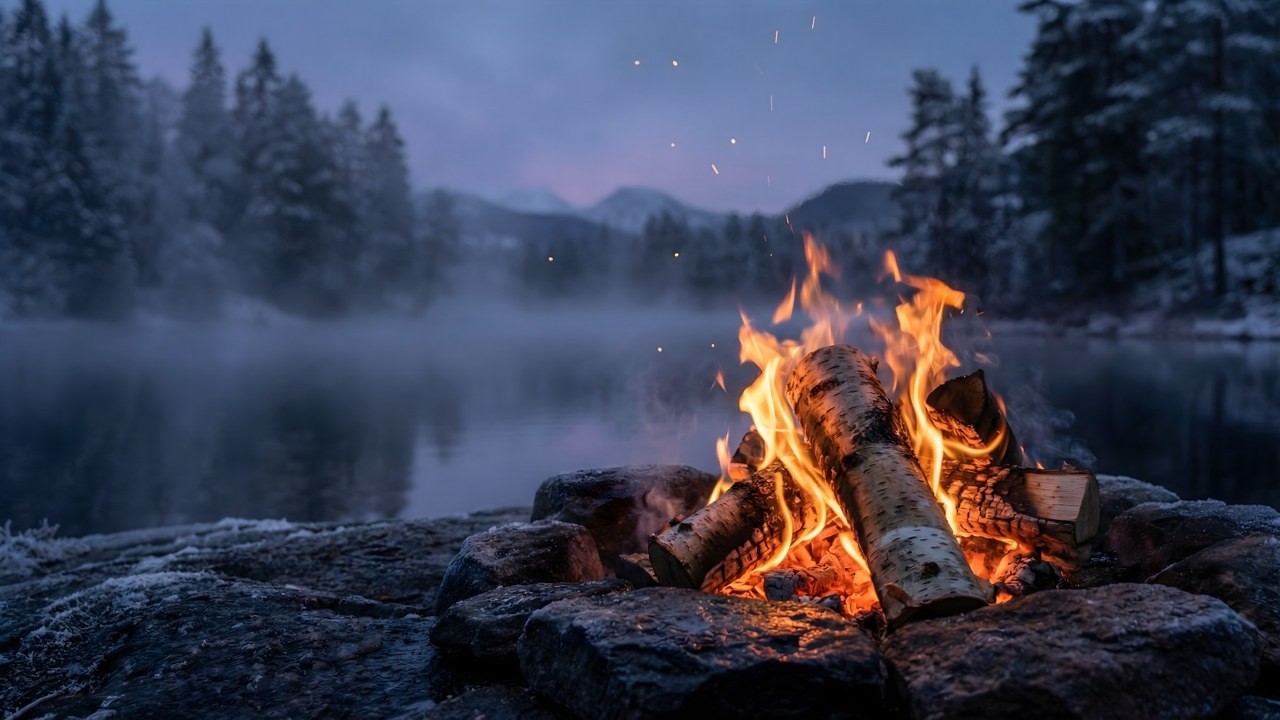 10 HOURS Winter Campfire by a Frozen Lake 🔥❄️  Crackling Fire Sounds for Deep Sleep