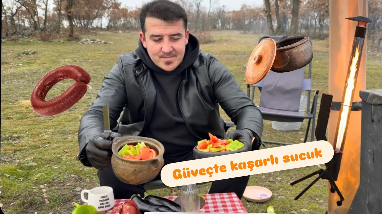 Pelet sobasında sucuk ve odun  ateşinde  güveçte kaşarlı sucuk 