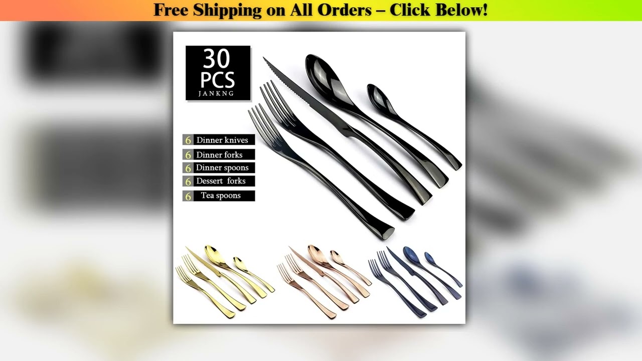 JANKNG 30Pcs Cutlery Sets Stainless Steel Black Dinnerware Serrated Sharp Steak Knife Tableware