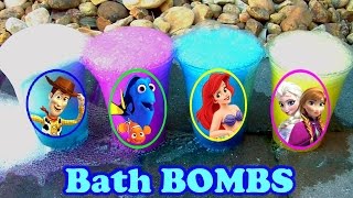 Learn COLORS 4 BATH BOMBS Disney Princess + Disney Frozen + Toy Story + Finding Dory