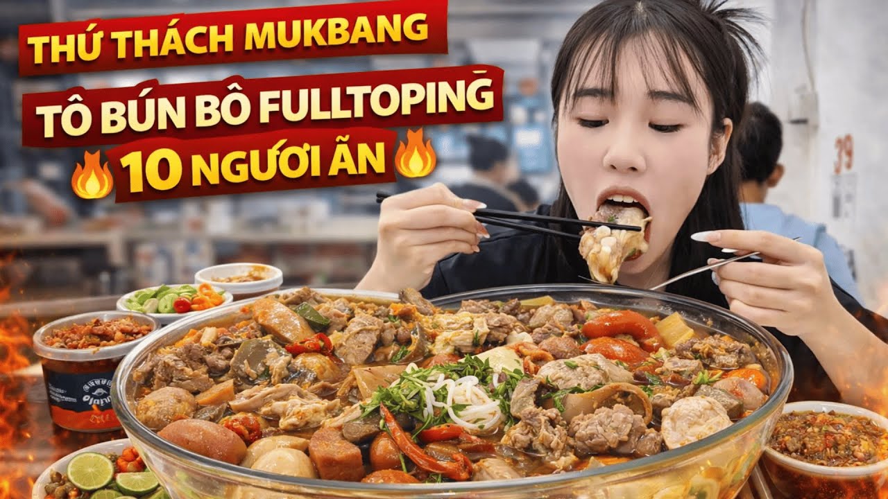 Mukbang Tô Bún Bò Full Topping 10 Người Ăn Cùng Pé Hiền 😱
