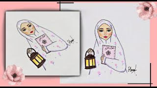 رسمة بنت كيوت ترتدي حجاب مع فانوس|تعليم رسم فتاة في اجواء رمضانية