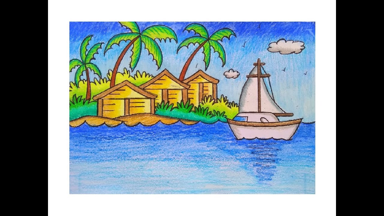 HOW TO DRAW STILT HOUSE DRAWING EASY BAMBOO HOUSE ON RIVER DRAWING