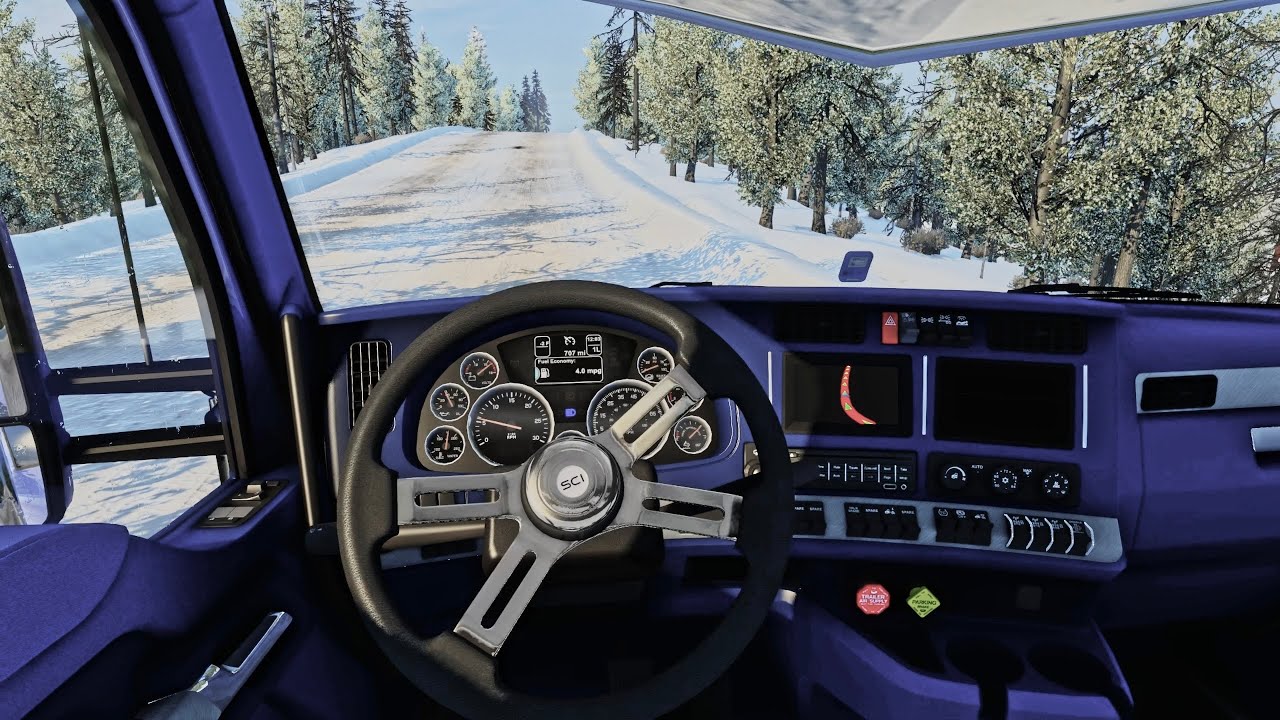BLUE INTERIOR TRUCK DRIVING TO PRUDHOE BAY IN AMERICAN TRUCK
