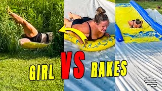 Girl Slid off Path and Into Bushes Then Hit the Rakes Head On