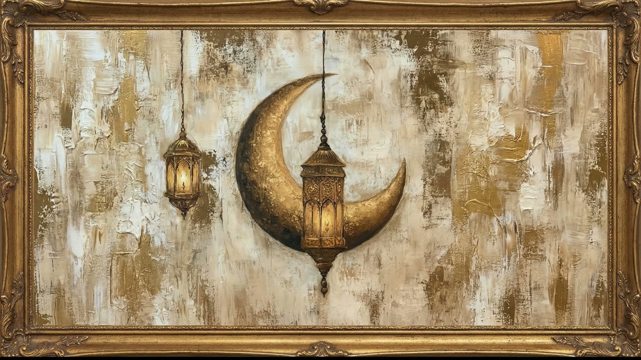 Ramadan Crescent Moon Lantern Oil Painting Screensaver | Islamic 4K Frame TV Art