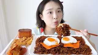 Korean Jjajang Ramyeon and Grilled whole Spam Mukbang + Reveal my new houseFried egg, Spicy Cheese