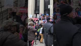 Today in Manhattan, postal service workers rallied against Trump's proposed takeover of the USPS.