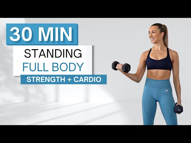 30 min STANDING FULL BODY WORKOUT | Strength + Cardio | No Jumping | With Dumbbells + Without class=