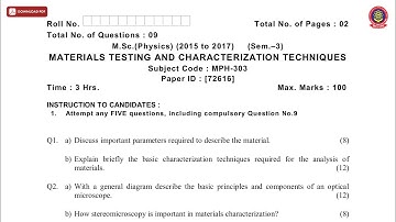 MSC PHYSICS 3RD SEM MATERIALS TESTING AND CHARACTERIZATION TECHNIQUES DEC 2018 | PTU