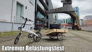 Lastenanhänger voll beladen / Anhänger Extremtest / eBike Tour zum Hafen / jede Menge Holz,Warnweste