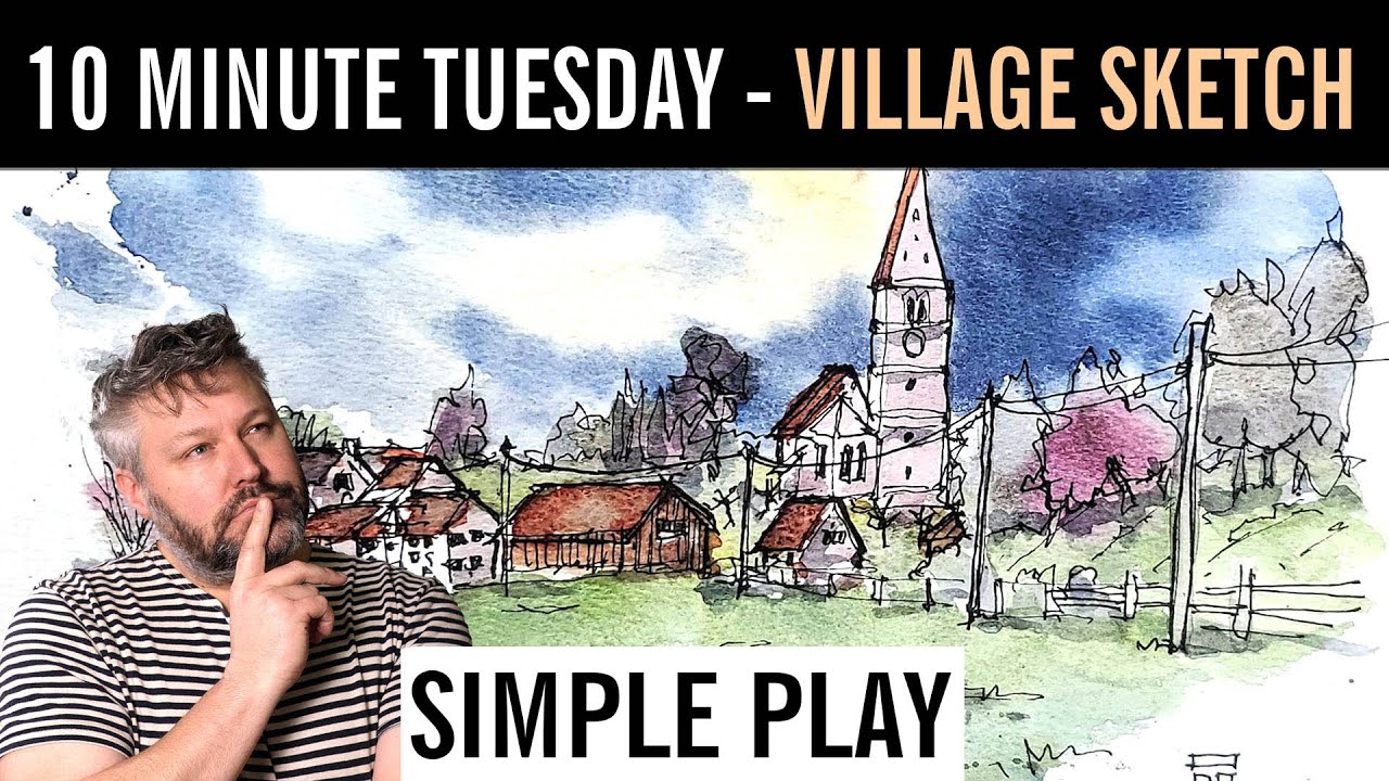 Рисунок перьевой ручкой | 10-минутный вторник – Деревенский пейзаж тушью и акварелью
