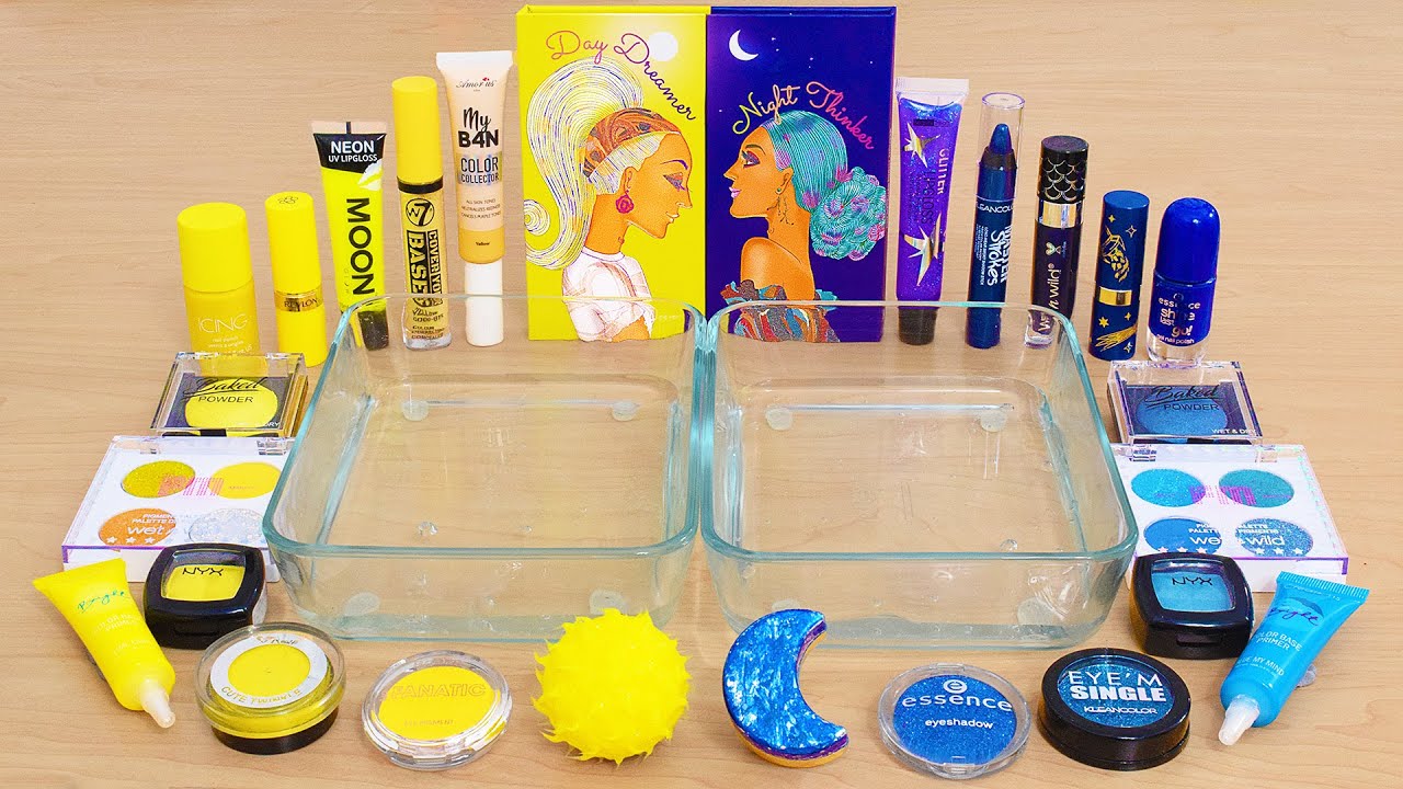 Blue vs Yellow - Mixing Makeup Eyeshadow Into Slime ASMR