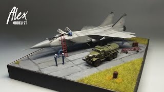 Диорама МИГ-31 на аэродроме с пилотами и техниками. 1/72