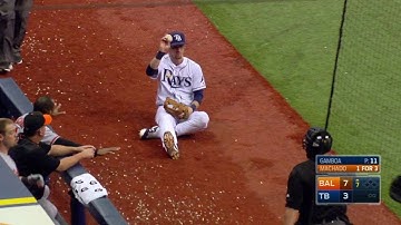 BAL@TB: Duffy makes a sliding catch in foul territory